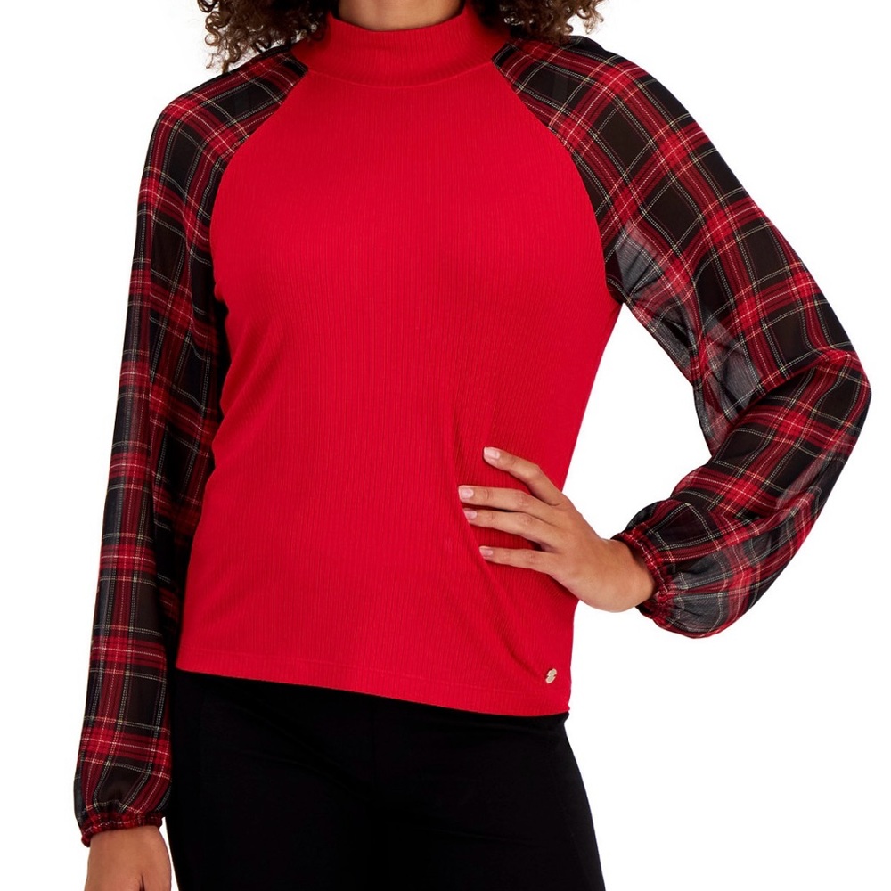 Women's Plaid-Sleeve Mixed-Media Top